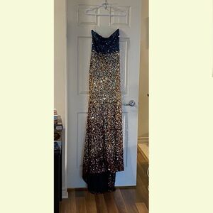 Sequin Ombre Strapless Gown in Navy to Gold